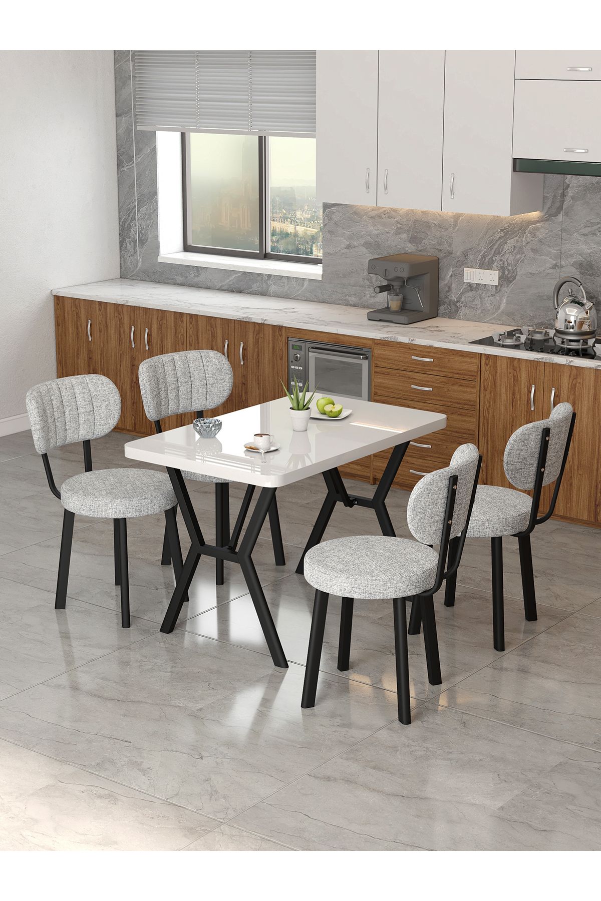 Mygusi Azra 70x110cm Beyaz Mutfak Masası, Mutfak Masası Takımı, Yemek Masası, 4 Açık Gri Sandalye