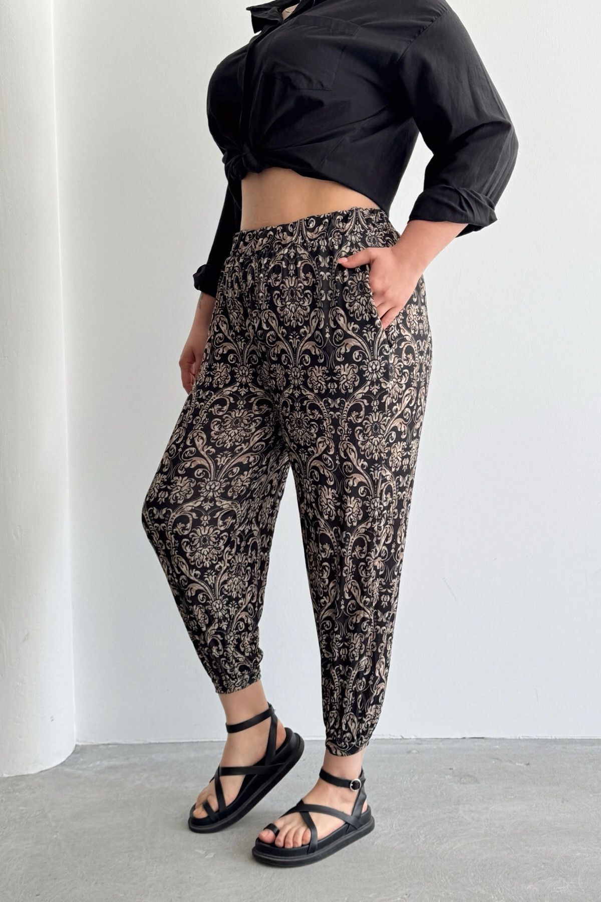 Stil Diva-Large Size Patterned Shalwar Trousers with Elastic Waist and Legs and Pockets 74-75 5