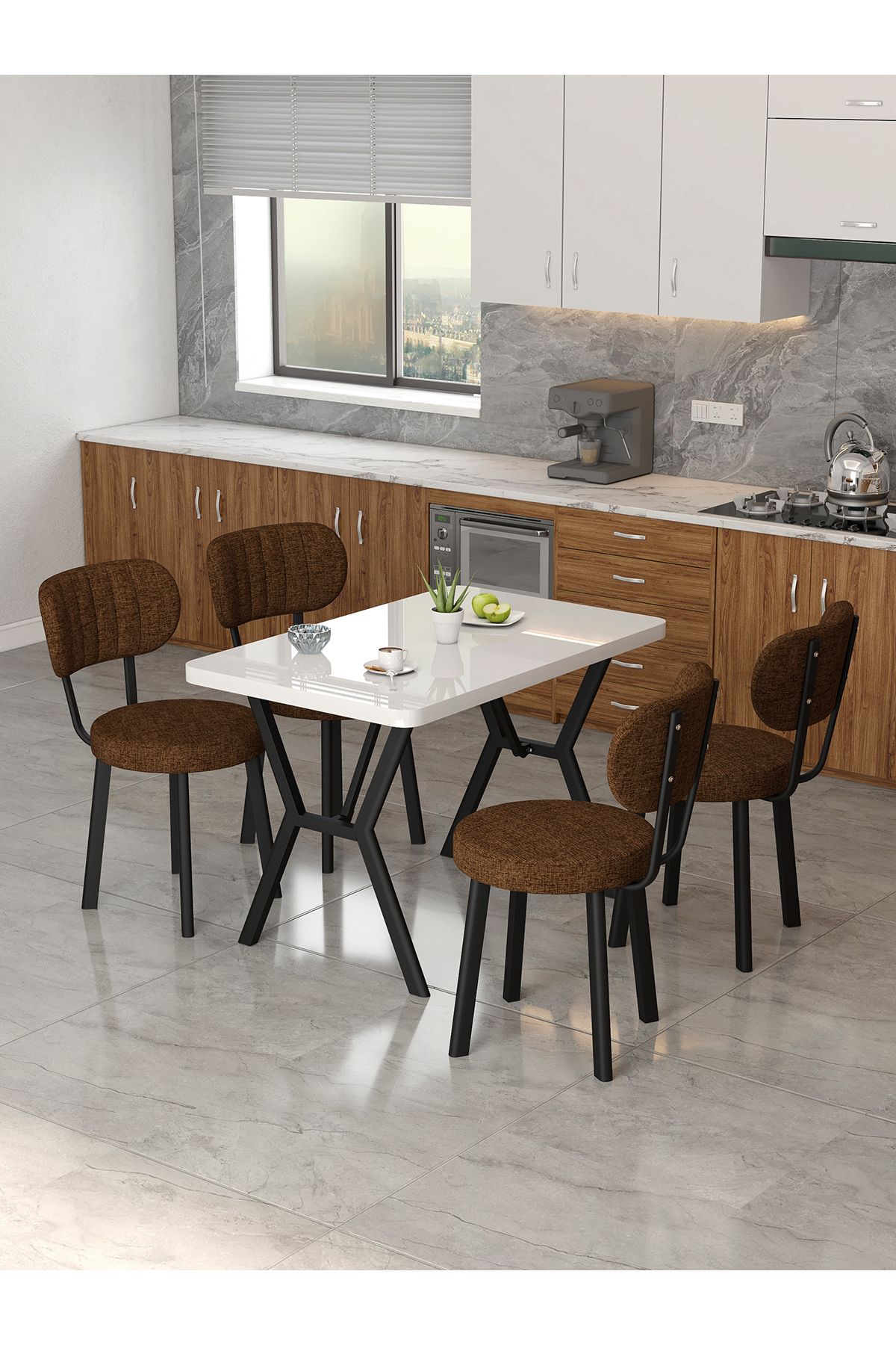 Mygusi Azra 70x110cm Beyaz Mutfak Masası, Mutfak Masası Takımı, Yemek Masası, 4 Kahverengi Sandalye