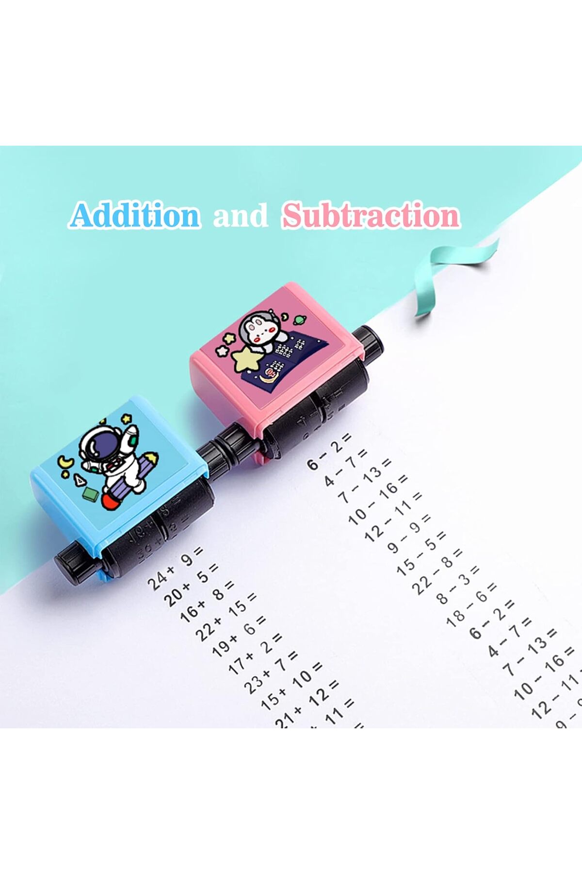 بستهٔ ۲ عددی مهرهای آموزشی دیجیتال غلتکی برای تمرین جمع و تفریق همراه با ۲ بطری جوهر