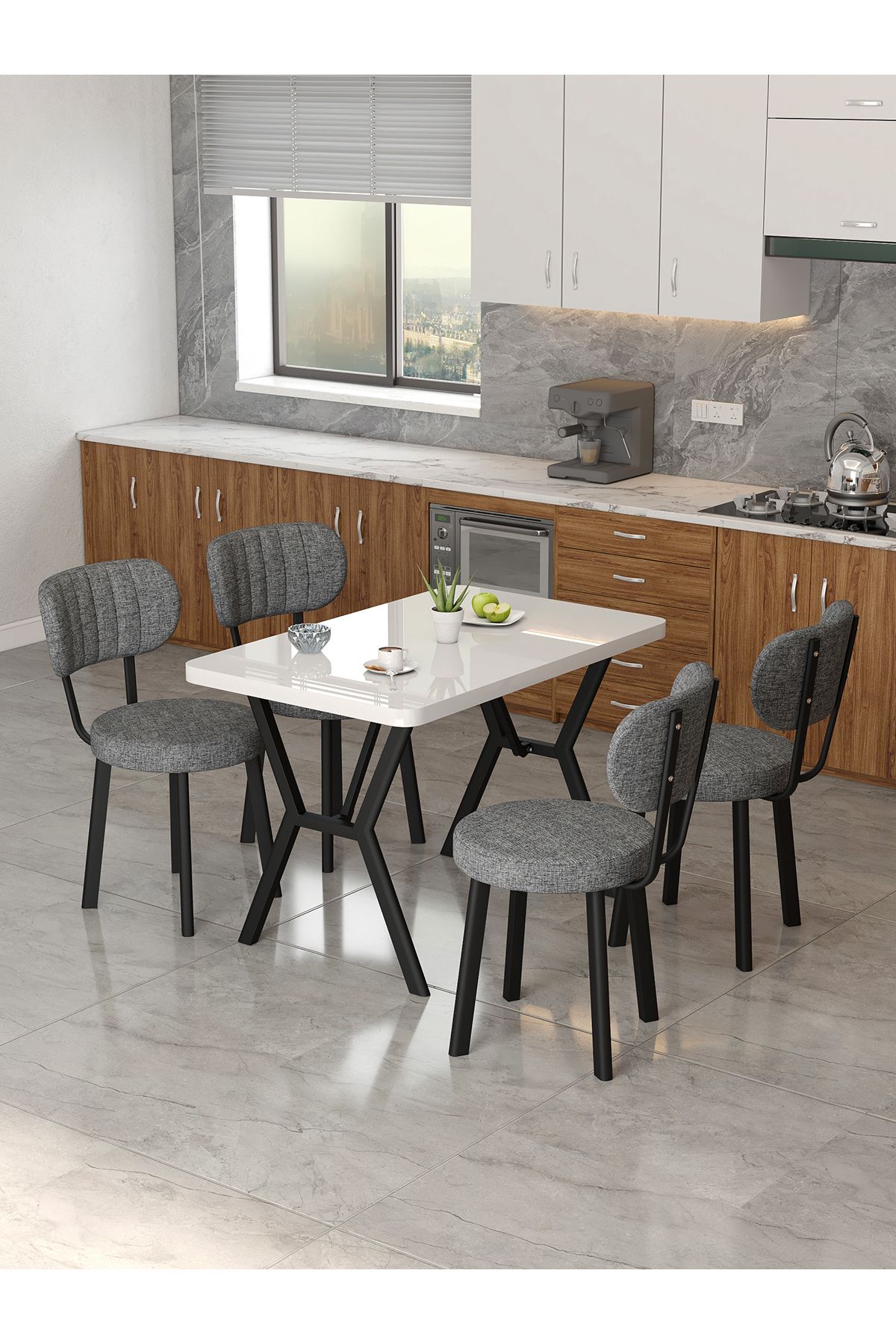 Mygusi Azra 70x110cm Beyaz Mutfak Masası, Mutfak Masası Takımı, Yemek Masası, 4 Koyu Gri Sandalye