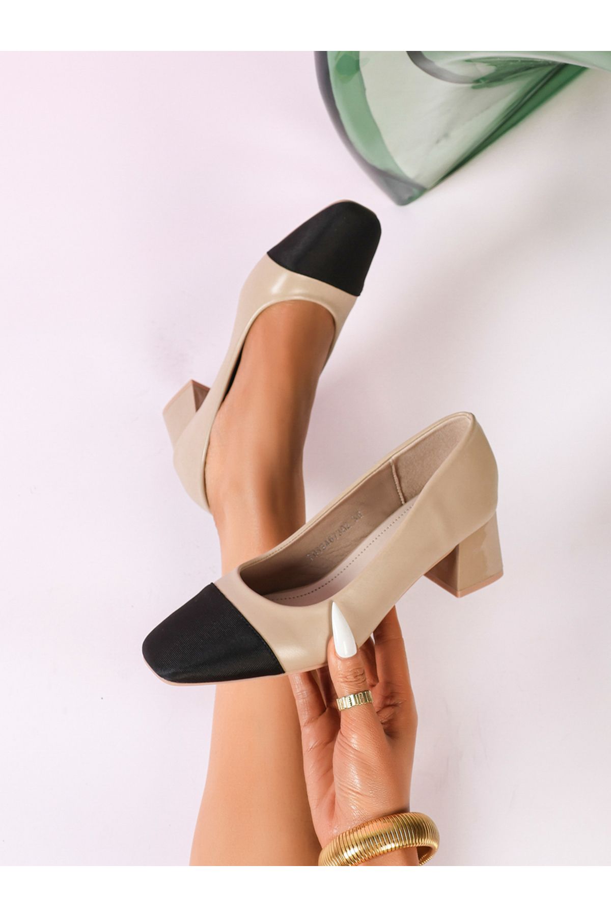 Sneak-a-Peek By Styli-Two Tone Square Toe Block Heeled Pumps 5