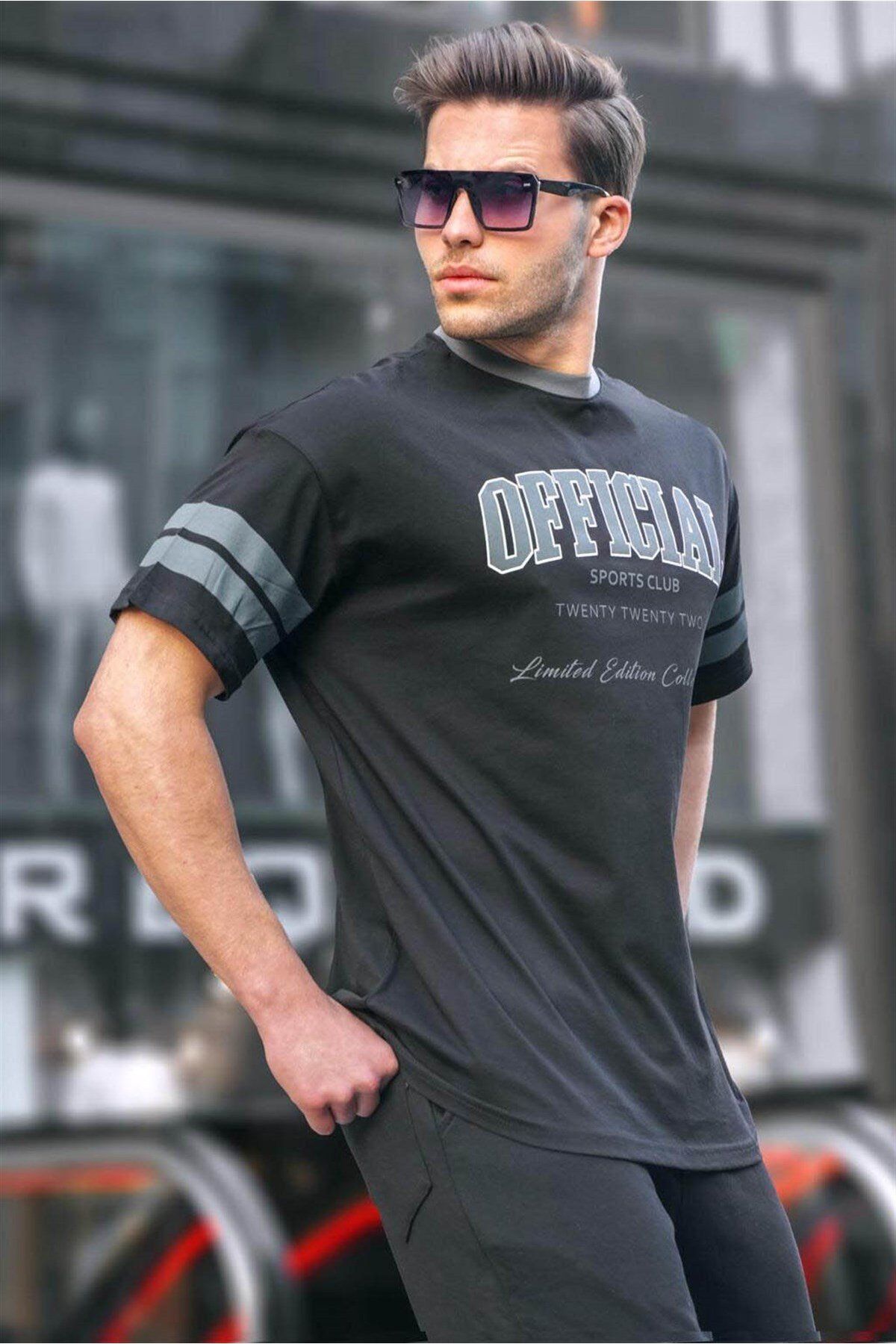 Madmext Czarny T-shirt Męski Oversize Z Nadrukiem Mężczyzna - S