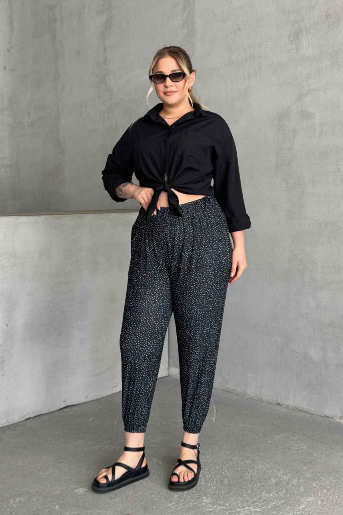 Stil Diva-Large Size Patterned Shalwar Trousers with Elastic Waist and Legs with Pockets 74-73 2