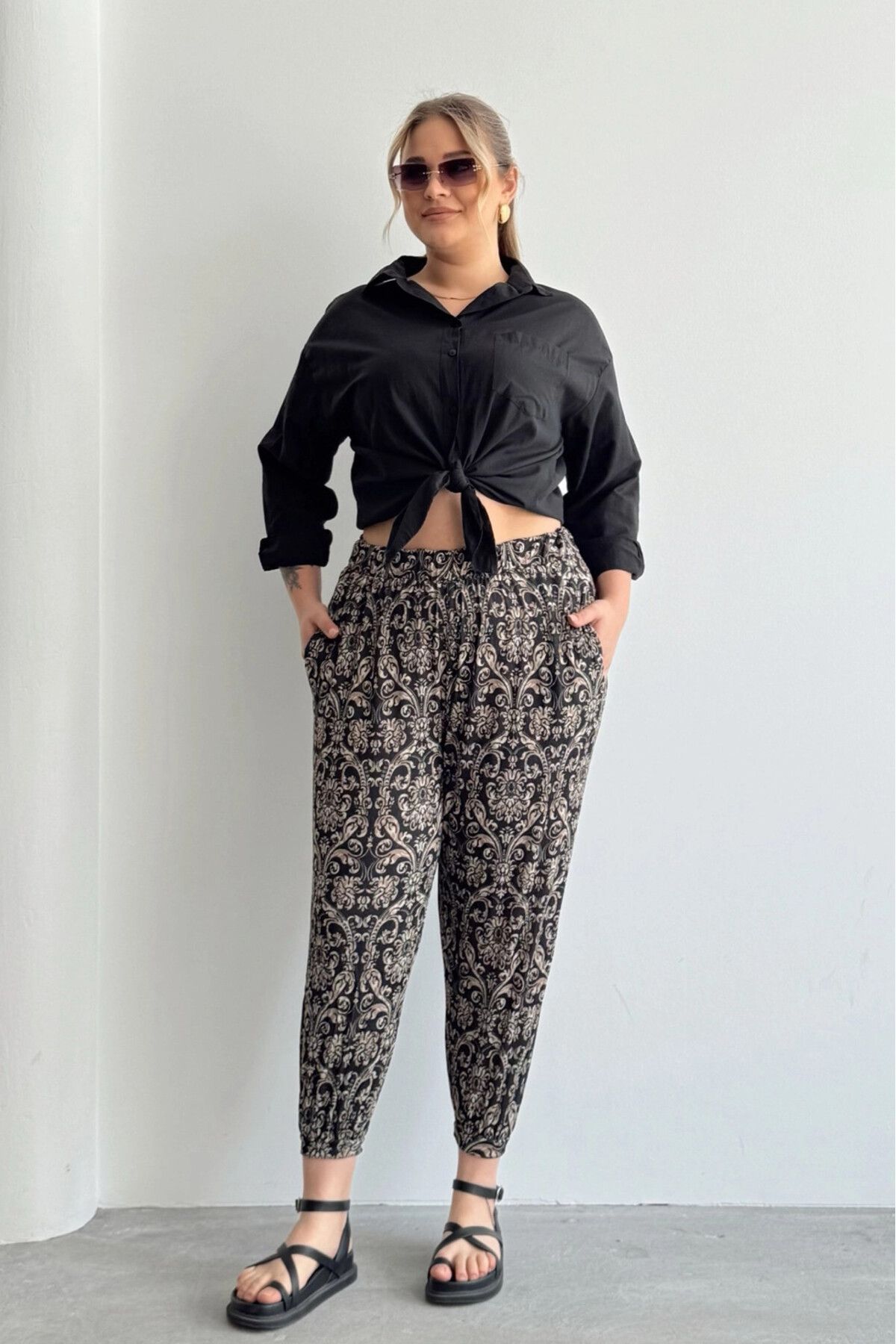 Stil Diva-Large Size Patterned Shalwar Trousers with Elastic Waist and Legs and Pockets 74-75 2