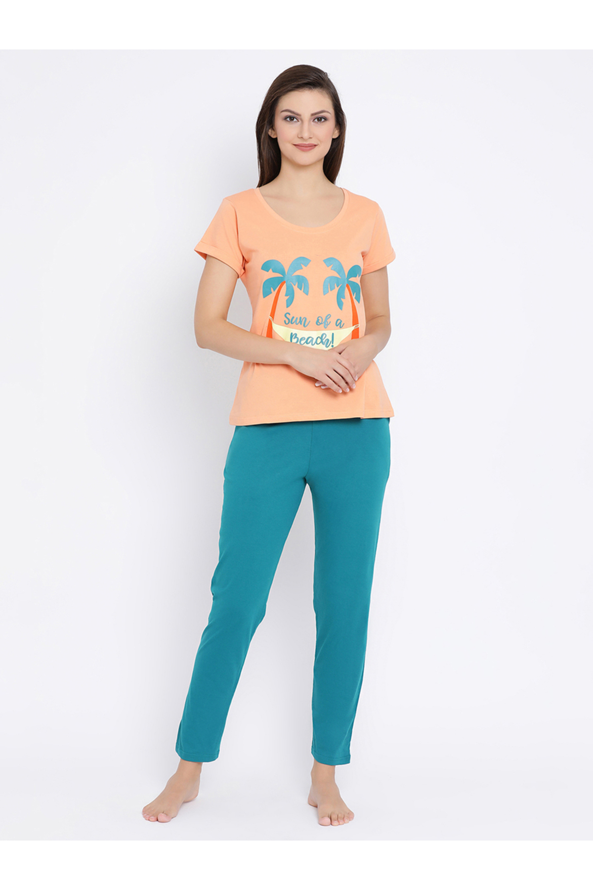 Clovia By Styli Women's Cotton Rich Printed Top & Orange Pyjama Set