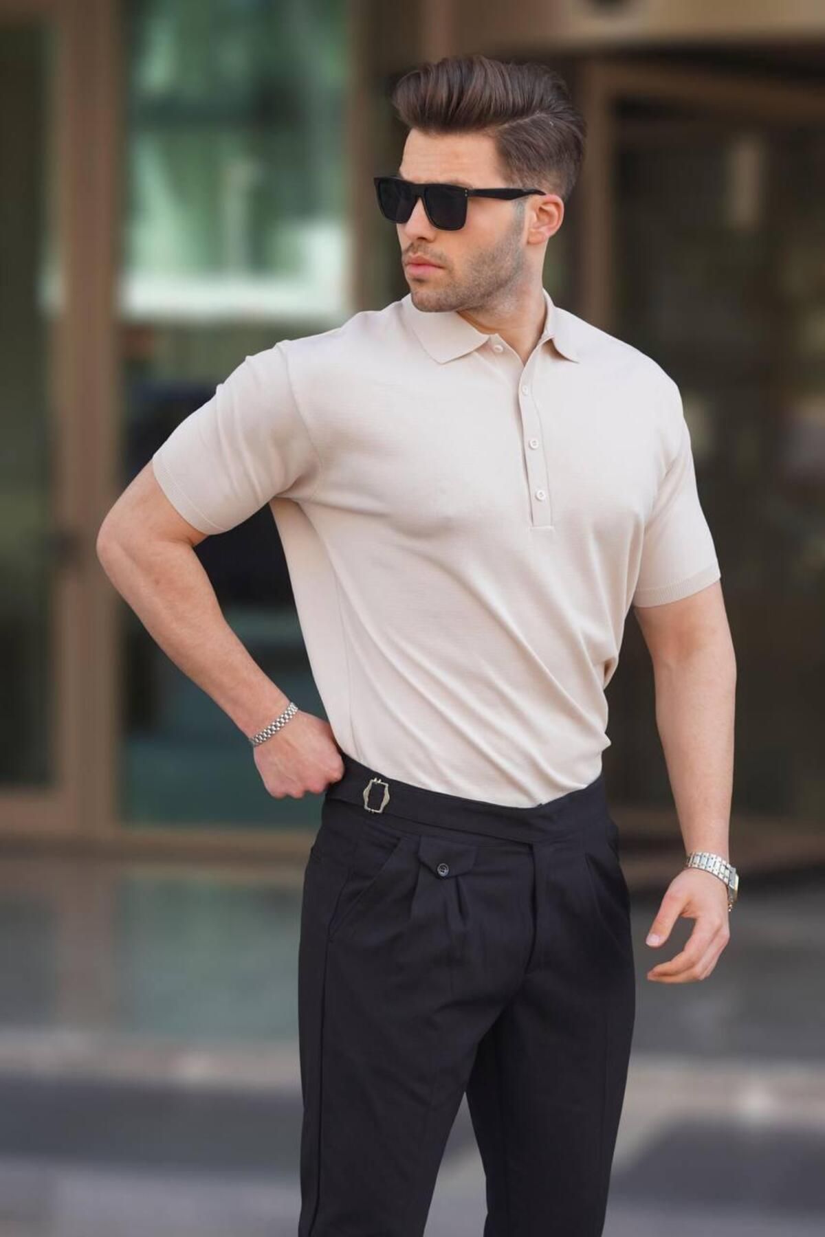 Madmext Męski Gładki T-shirt Z Kołnierzykiem Polo W Kolorze Kamienia Mężczyzna - 2XL