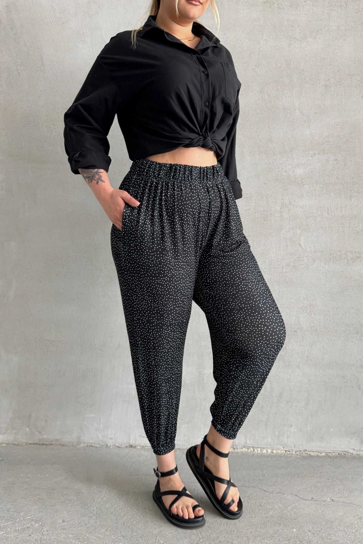 Stil Diva-Large Size Patterned Shalwar Trousers with Elastic Waist and Legs with Pockets 74-73 5