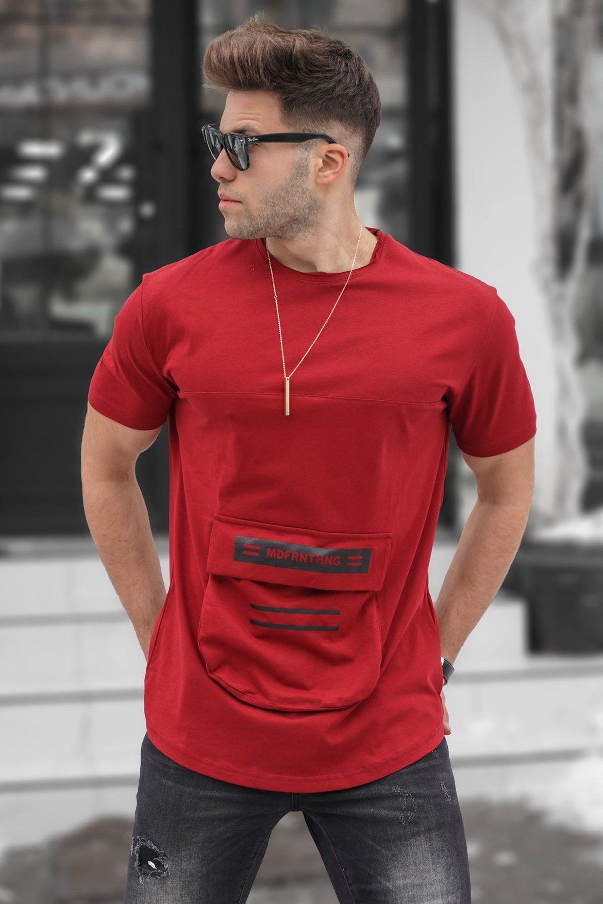Madmext T-shirt Z Nadrukiem W Kolorze Bordowo-czerwonym Mężczyzna - S