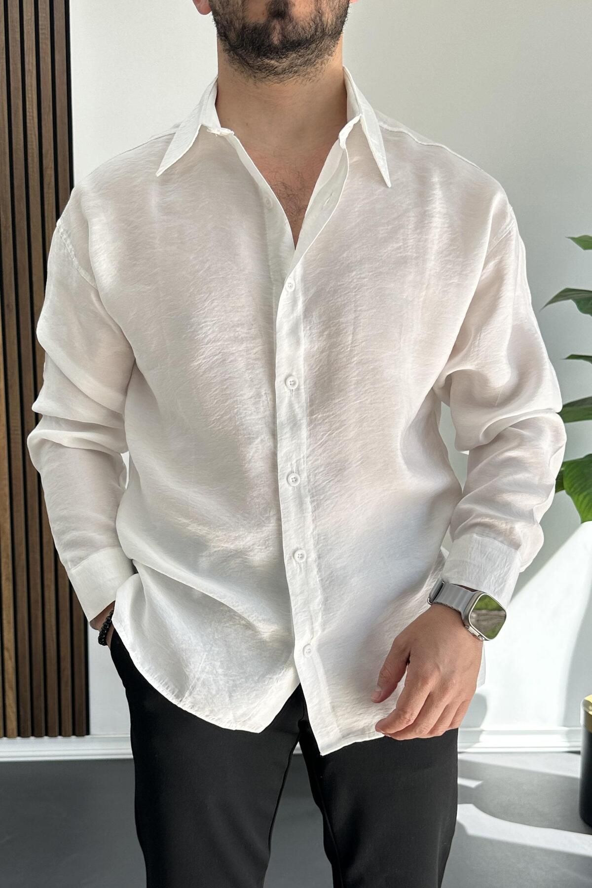 Edwox-Men's Loose Modal Fabric Shirt White Edw267 2