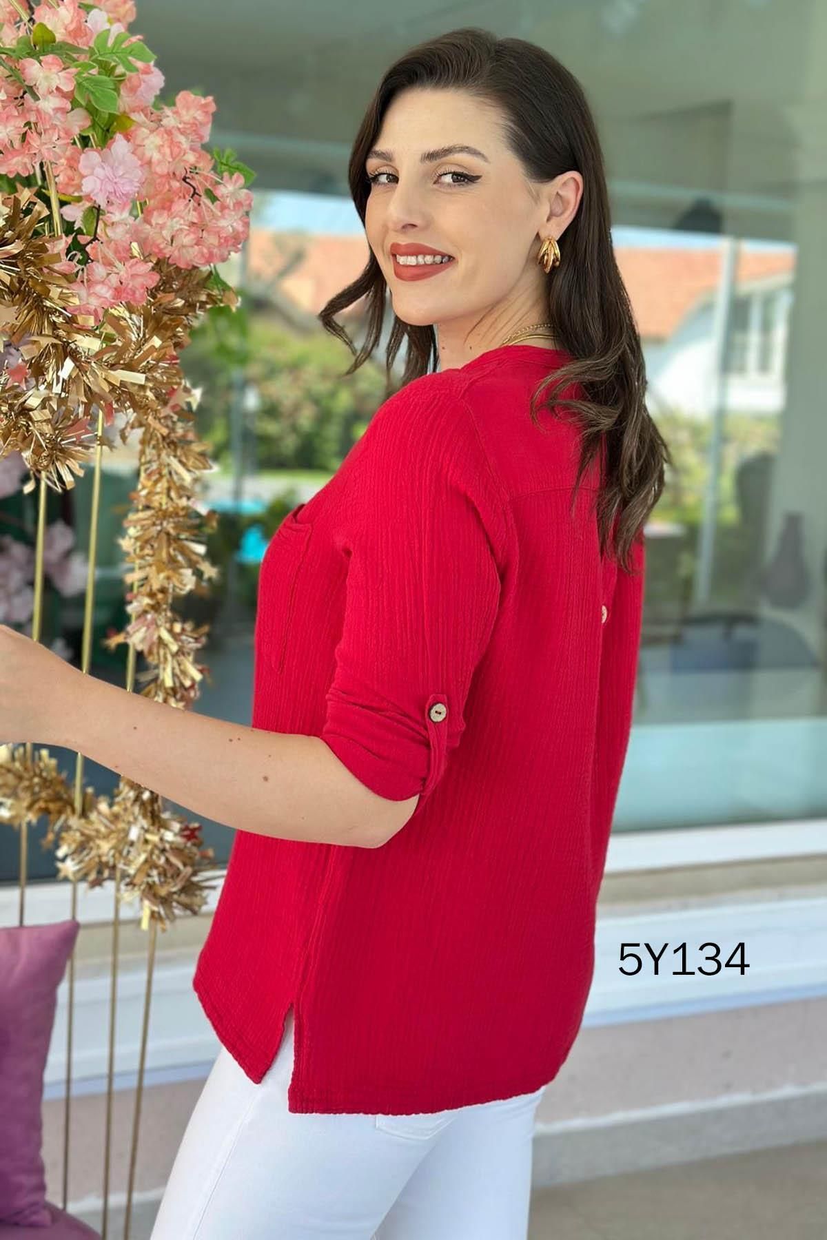İnce Topuk-Buttoned Cotton Muslin Fabric Blouse 5Y134 5