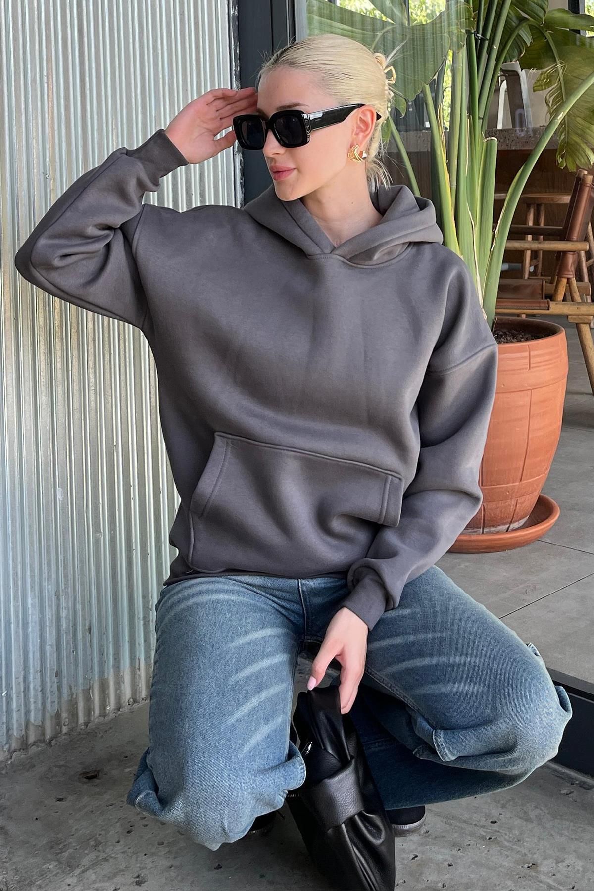 Madmext-Oversize Smoked Hooded Sweatshirt - Pocketed, Ribbon Mg2206 4