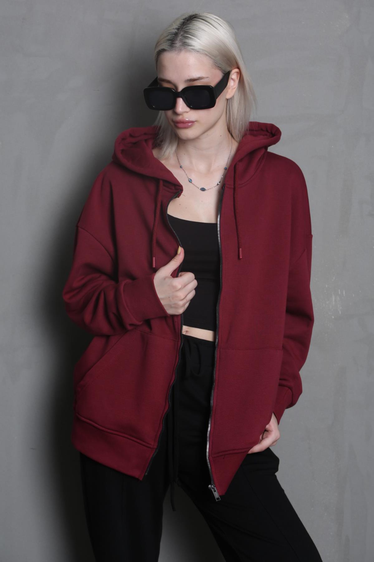 Madmext Bordo Kapüşonlu Basic Sweatshirt MG1900 görsel 2