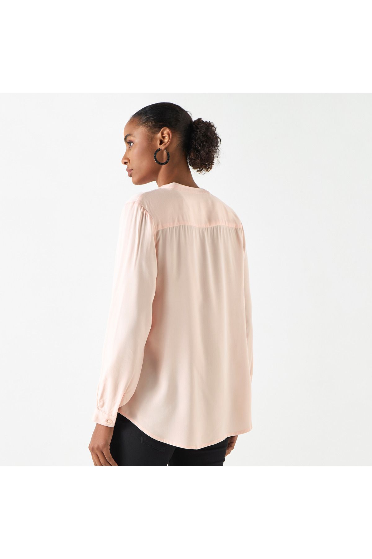 BASIC-Pintuck Detail Top with Mandarin Collar and Long Sleeves 3