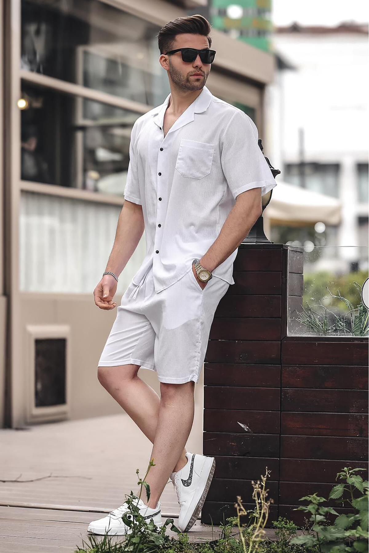 Madmext-Weißes Basic Oversize-Shirt-Set für Herren 5588 3