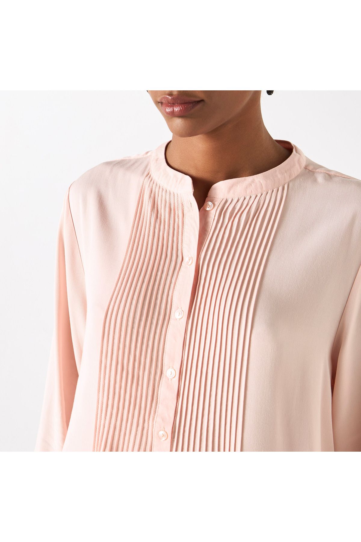 BASIC-Pintuck Detail Top with Mandarin Collar and Long Sleeves 4