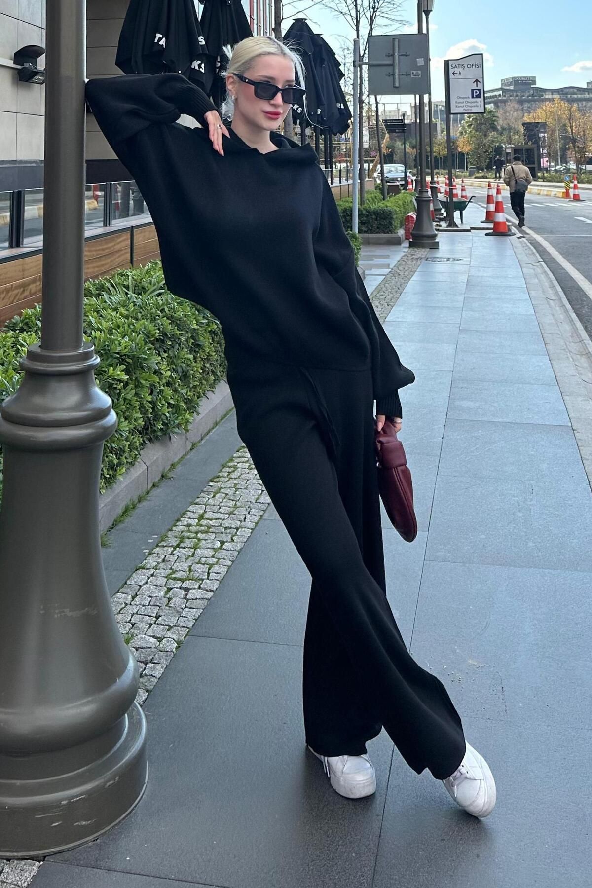 Madmext-Black Hooded Knitwear Women's Tracksuit Set Mg2237 5