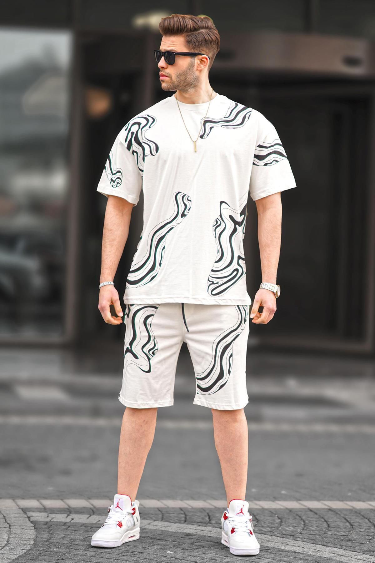 Madmext-Ecru Patterned Men's Shorts Set 5948 2
