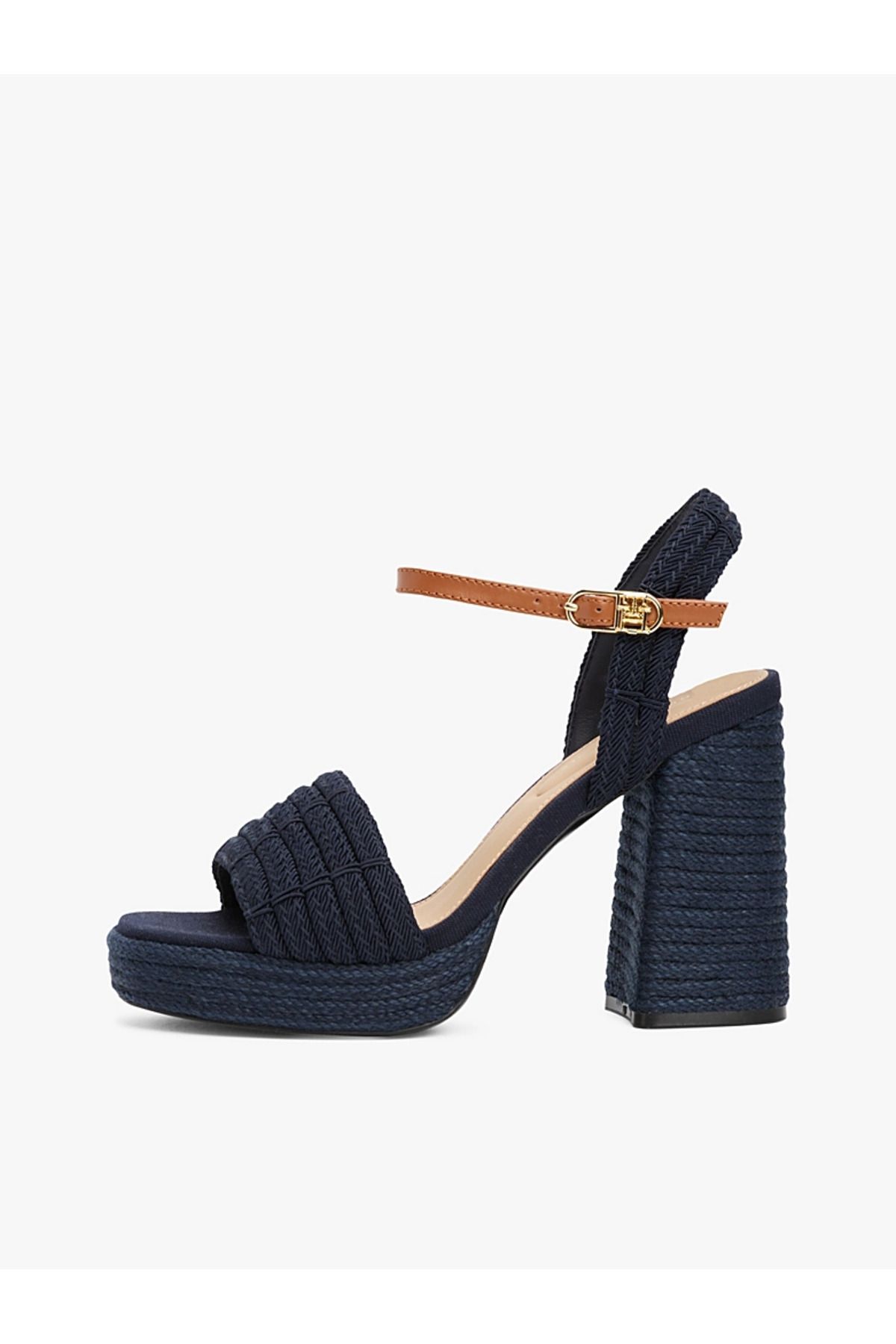 Tommy Hilfiger-Women's High Thick Straw Heel Ankle Lacing Comfortable Navy Blue Sandals Fw0Fw08425-Dw6 7