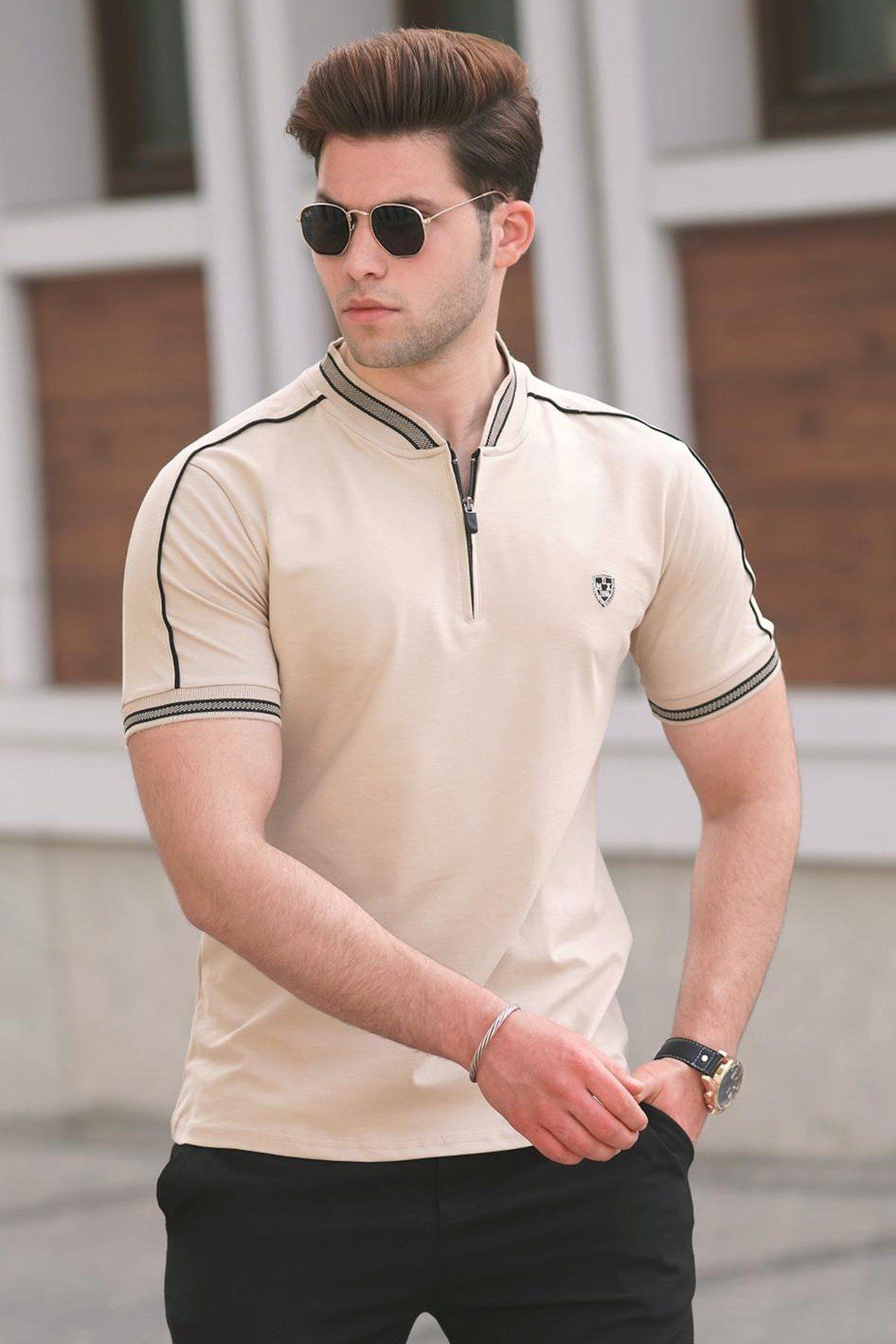 Madmext-Béžové pánské tričko Polo Neck 9281 3