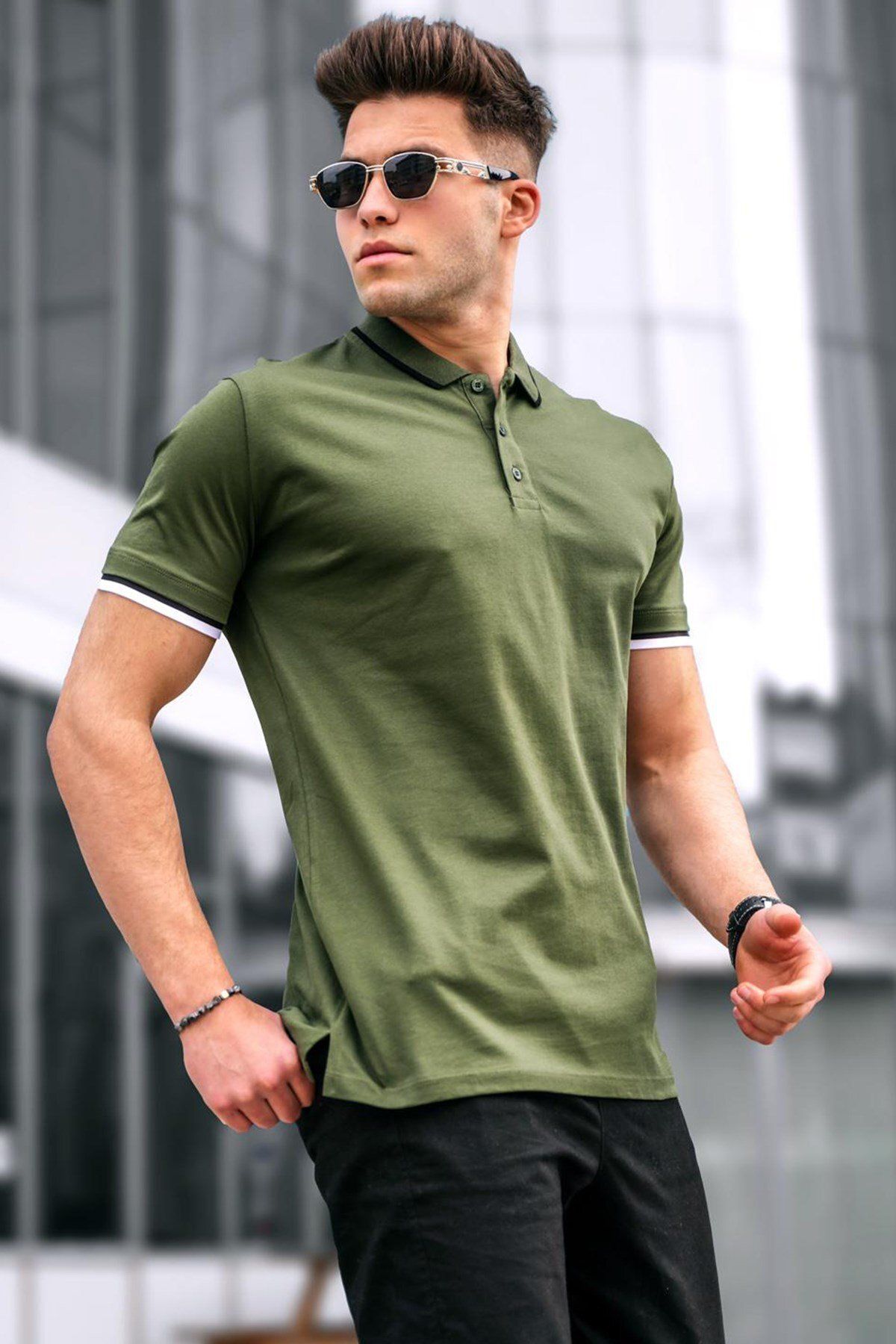 Madmext Męski T-shirt Z Kołnierzykiem Polo W Kolorze Khaki Mężczyzna - S