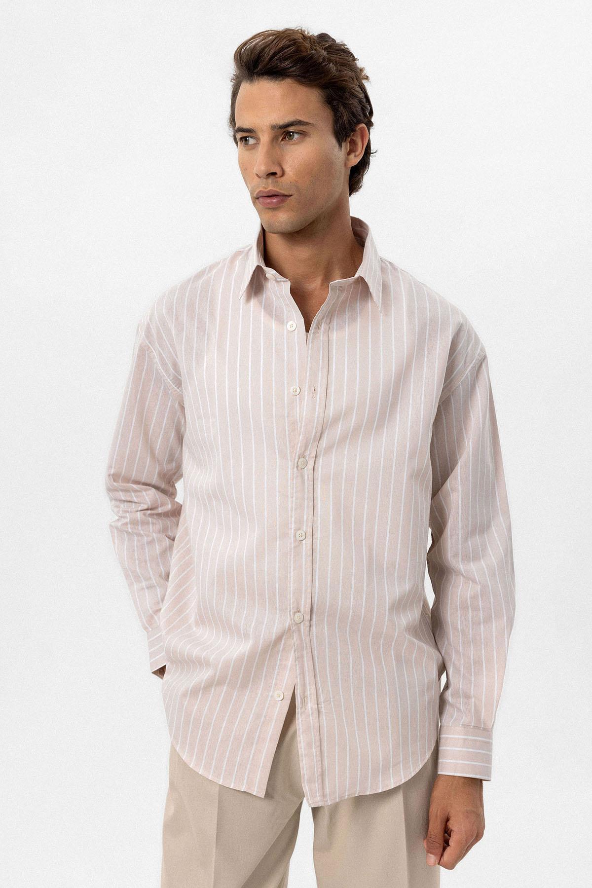 Antioch-Beige Oversize Striped Men's Shirt 4