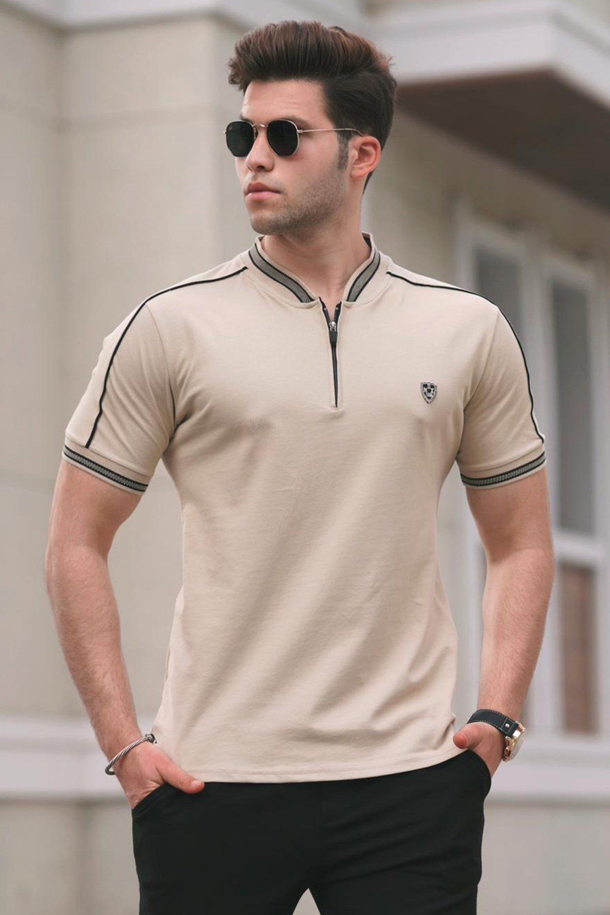 Madmext-Béžové pánské tričko Polo Neck 9281 2