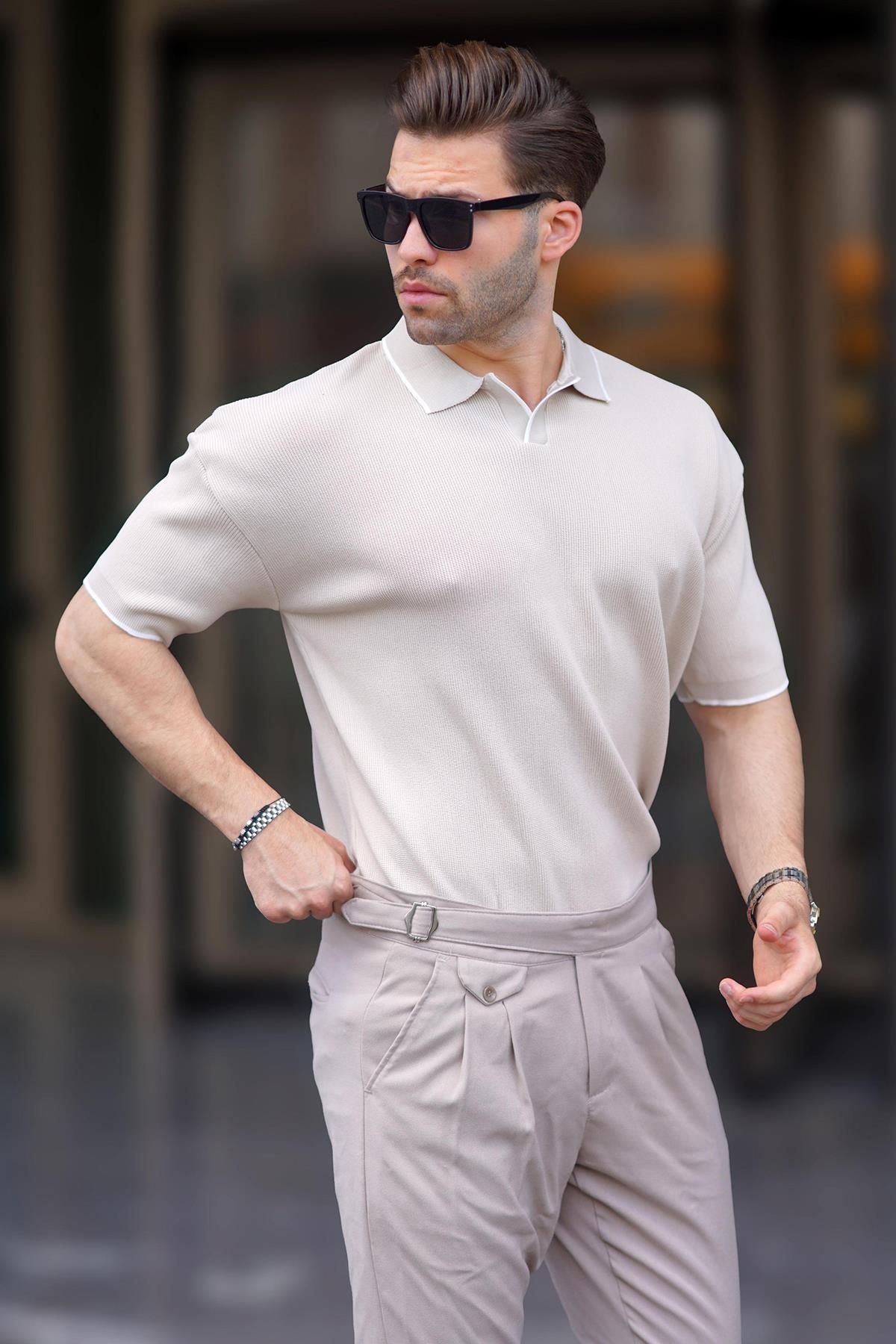 Madmext T-shirt Męski Z Dzianiny W Kolorze Kamienia Polo - Krótki Rękaw Mężczyzna - XL