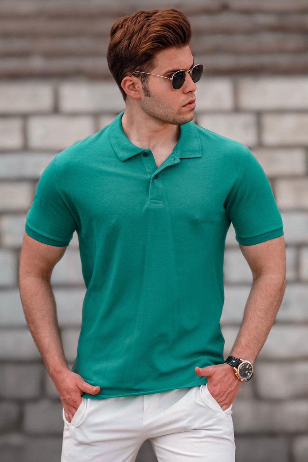 Madmext Męska Koszulka T-shirt Basic, Zielona, Z Dekoltem W Kształcie Polo, Mężczyzna - S