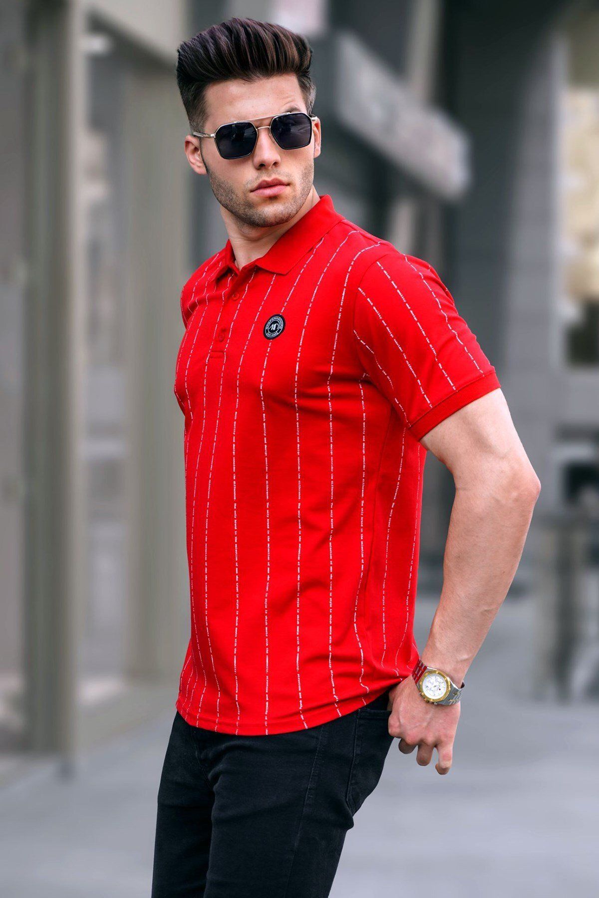 Madmext Czerwony T-shirt Polo W Paski, Zapinany Na Guziki Mężczyzna - M