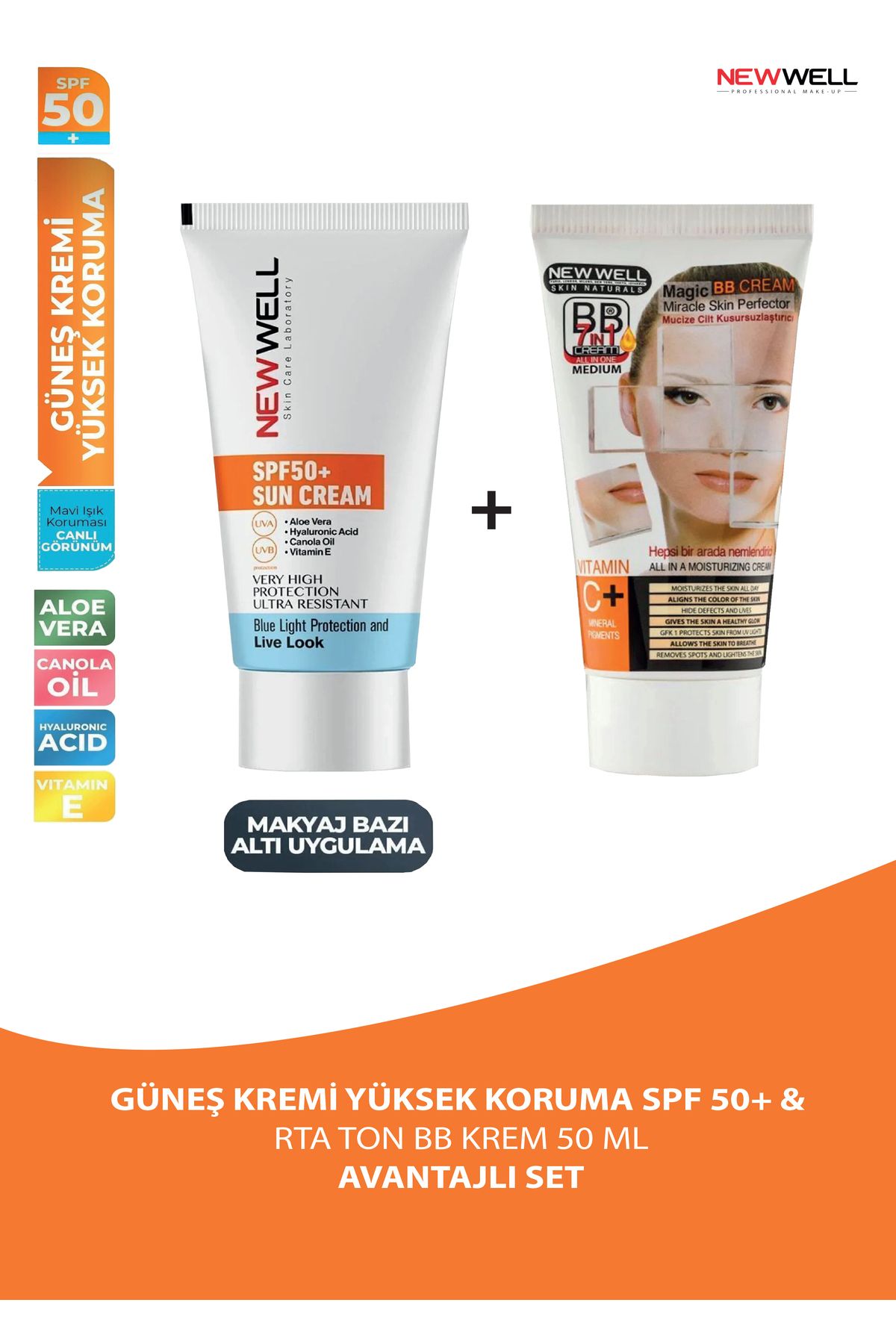 New Well Güneş Kremi Yüksek Koruma Spf 50+ Aloe Vera & New Well Orta Ton BB Krem 50 ml AVANTAJLI SET