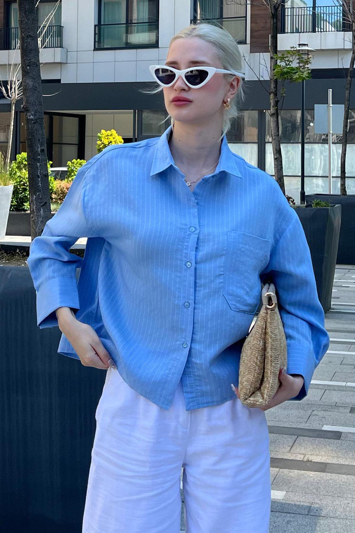 Madmext  Mavi Çizgili Oversize Kadın Gömlek MG2093 - Görsel 6