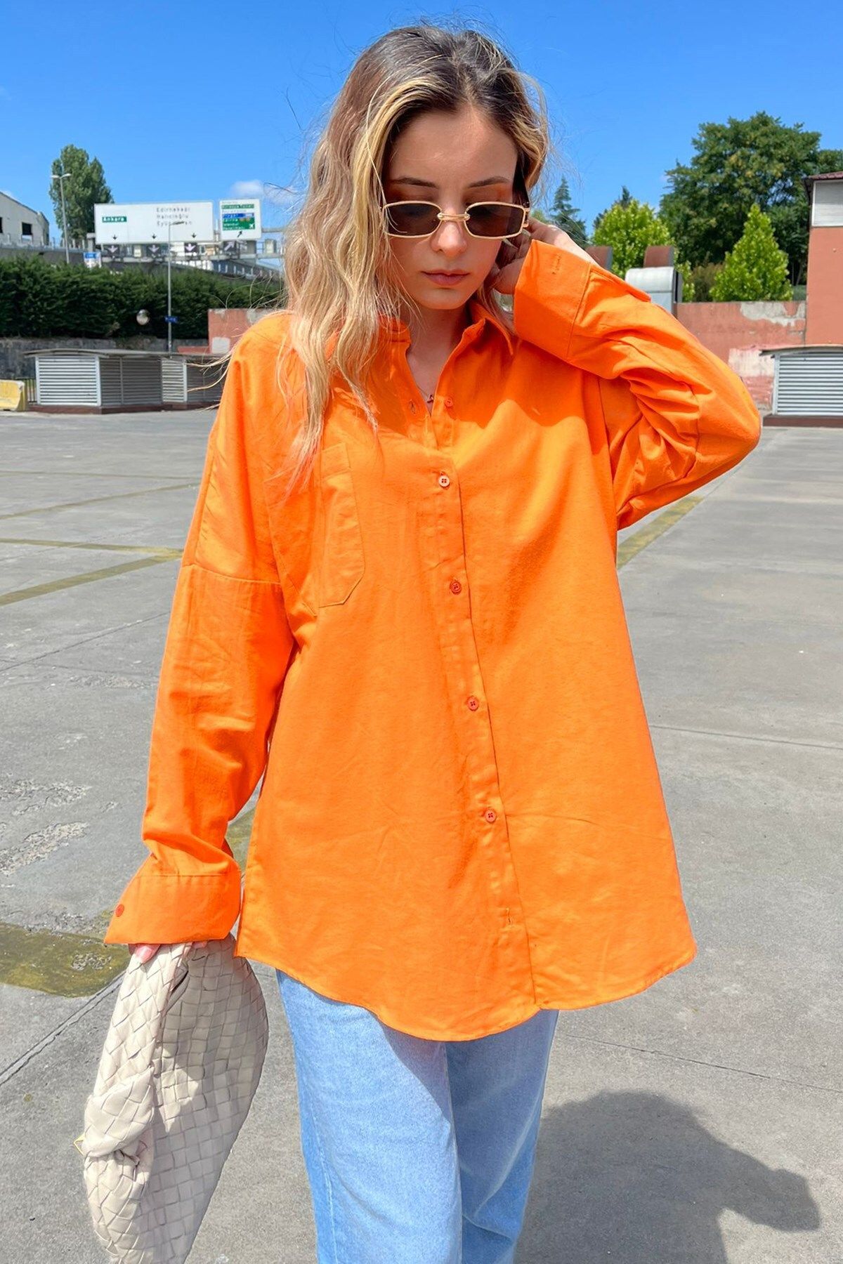 Madmext-Oranžová oversize Basic vrecková popelínová košeľa Mg1530 5