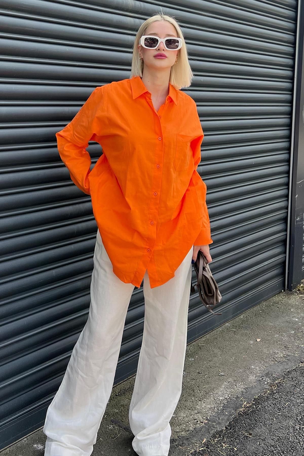 Madmext-Oranžová oversize Basic vrecková popelínová košeľa Mg1530 3