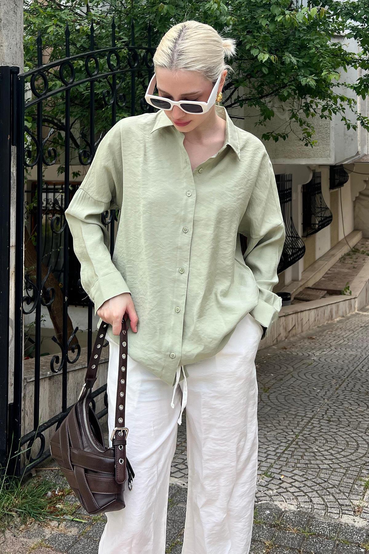 Madmext  Mint Yeşili Uzun Kollu Oversize Gömlek MG2003 - Görsel 2