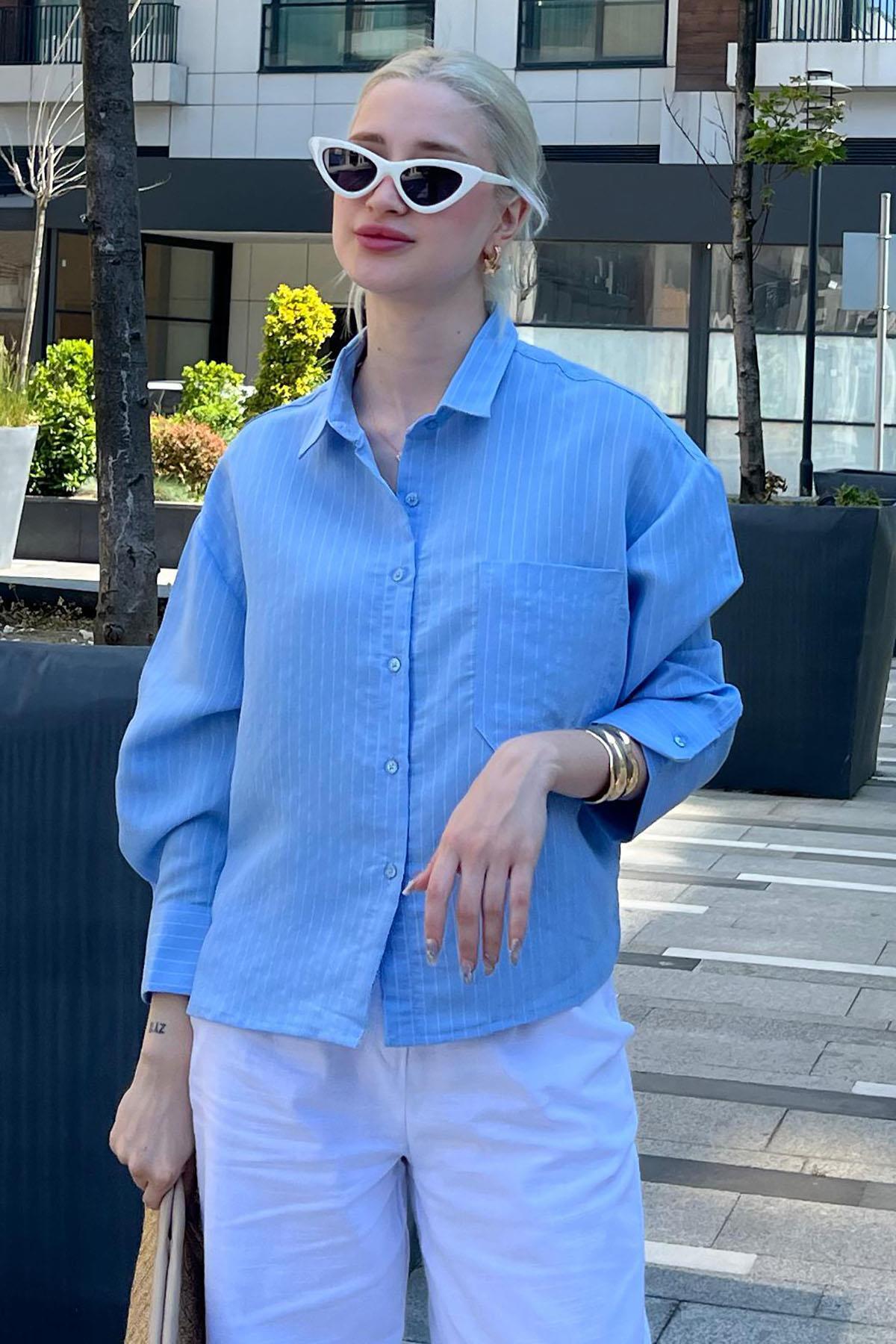 Madmext  Mavi Çizgili Oversize Kadın Gömlek MG2093 - Görsel 2