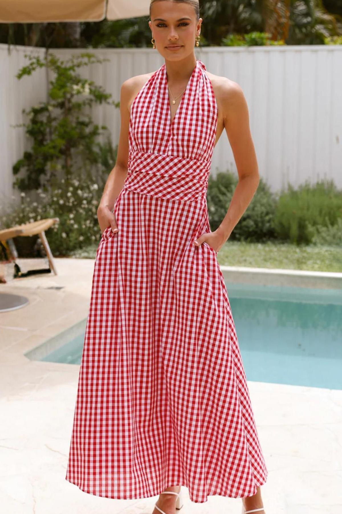 Madmext-Red Plaid Midi Length Women's Dress Mg2350 6