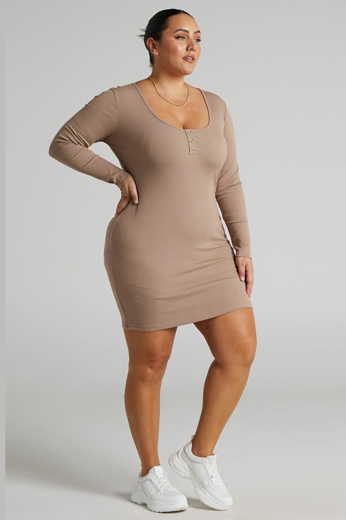 Madmext-Beige Long Sleeve Basic Mini Women's Dress Mg1700 3