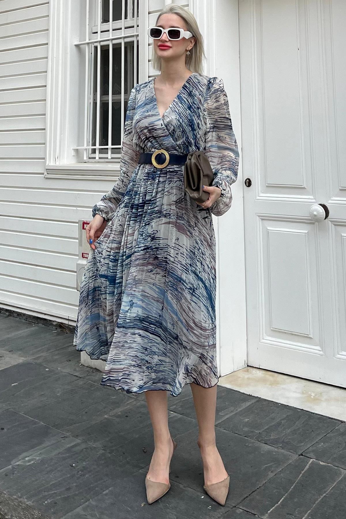 Madmext-Rochie albastră din șifon cu model la guler dublu MG2065 2