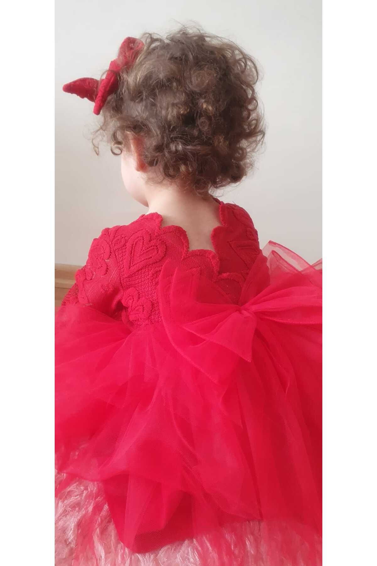 inMini-Girl's Red Heart Patterned Mini Dress with Buckle, Layered Skirt, Tulle Tail Bow, V-Back Detail 3