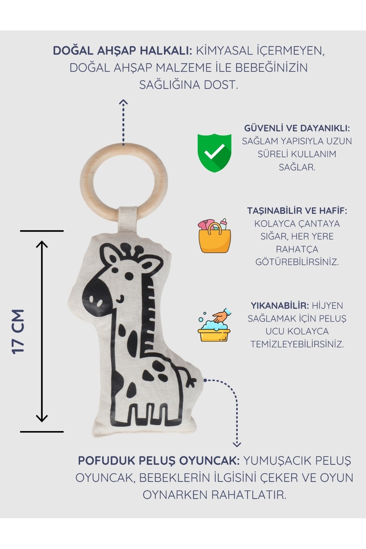 3Baby Doğal Ahşap Diş Kaşıyıcı / Organik Pamuklu Pofuduk Peluş Oyuncak / Zürafa fotoğrafı 2 (önizleme)