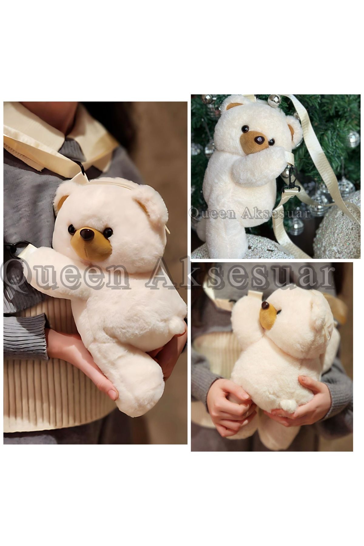 QUEEN AKSESUAR Lüks 30cm Dev Pofuduk Sevimli Oyuncak Peluş Ayıcık Çanta Sırt Omuz Yetişkin Çocuk Krem Beyaz