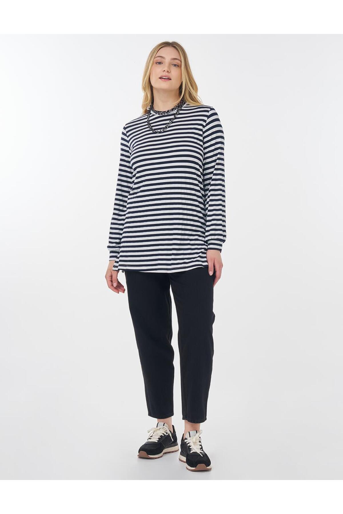 Kayra  Çizgi Desen Örme Sweatshirt Lacivert - Görsel 2