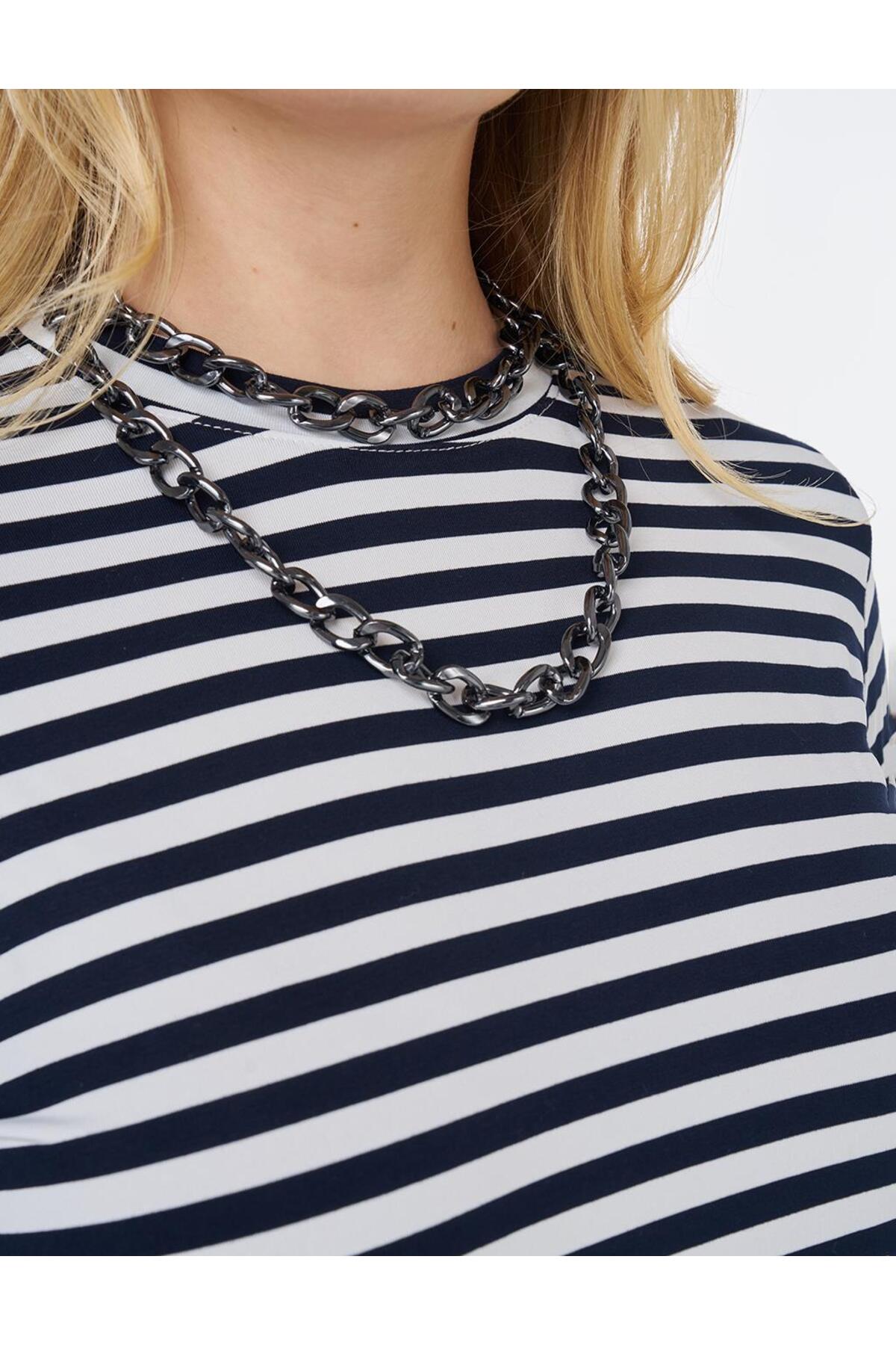 Kayra  Çizgi Desen Örme Sweatshirt Lacivert - Görsel 7