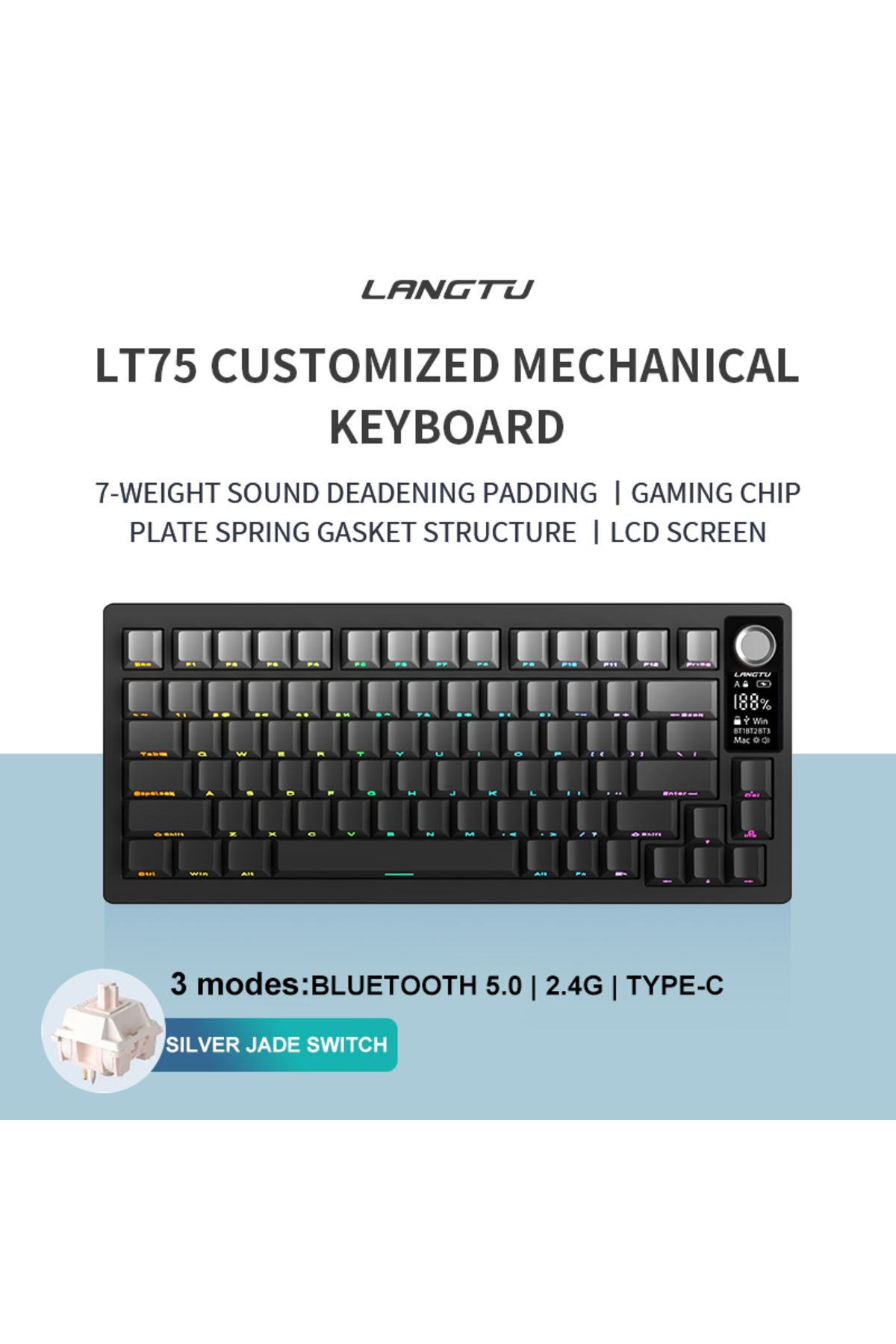 HRUEDA-Silver Jade Axis Langtu Lt75 Mechanical Keyboard 3-Mode 80 Keys Wired/Wireless/Bluetooth PBT RGB Gas 1