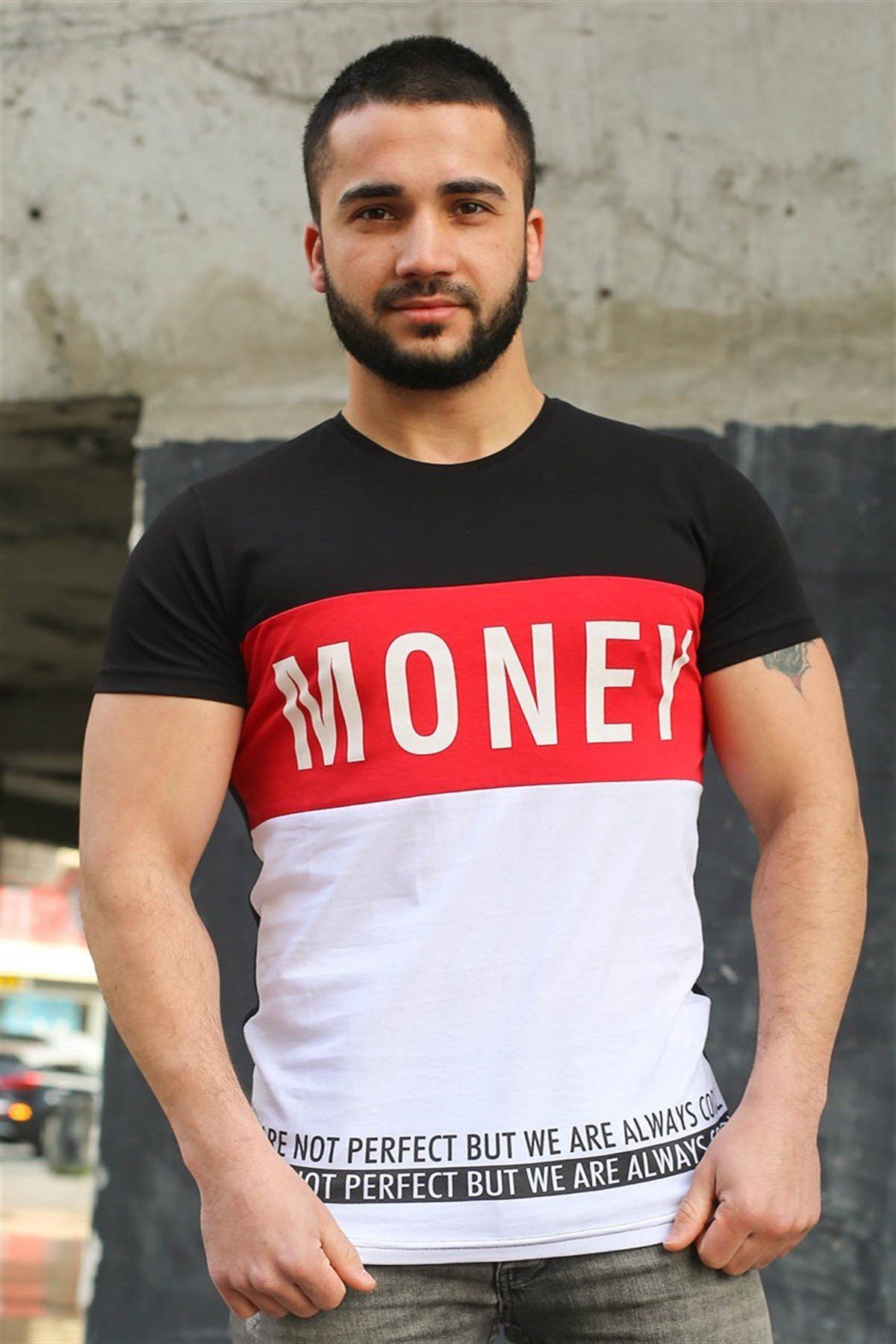 Madmext-Color Blocked T-Shirt Λεπτομερές μαύρο T-Shirt 3077 3