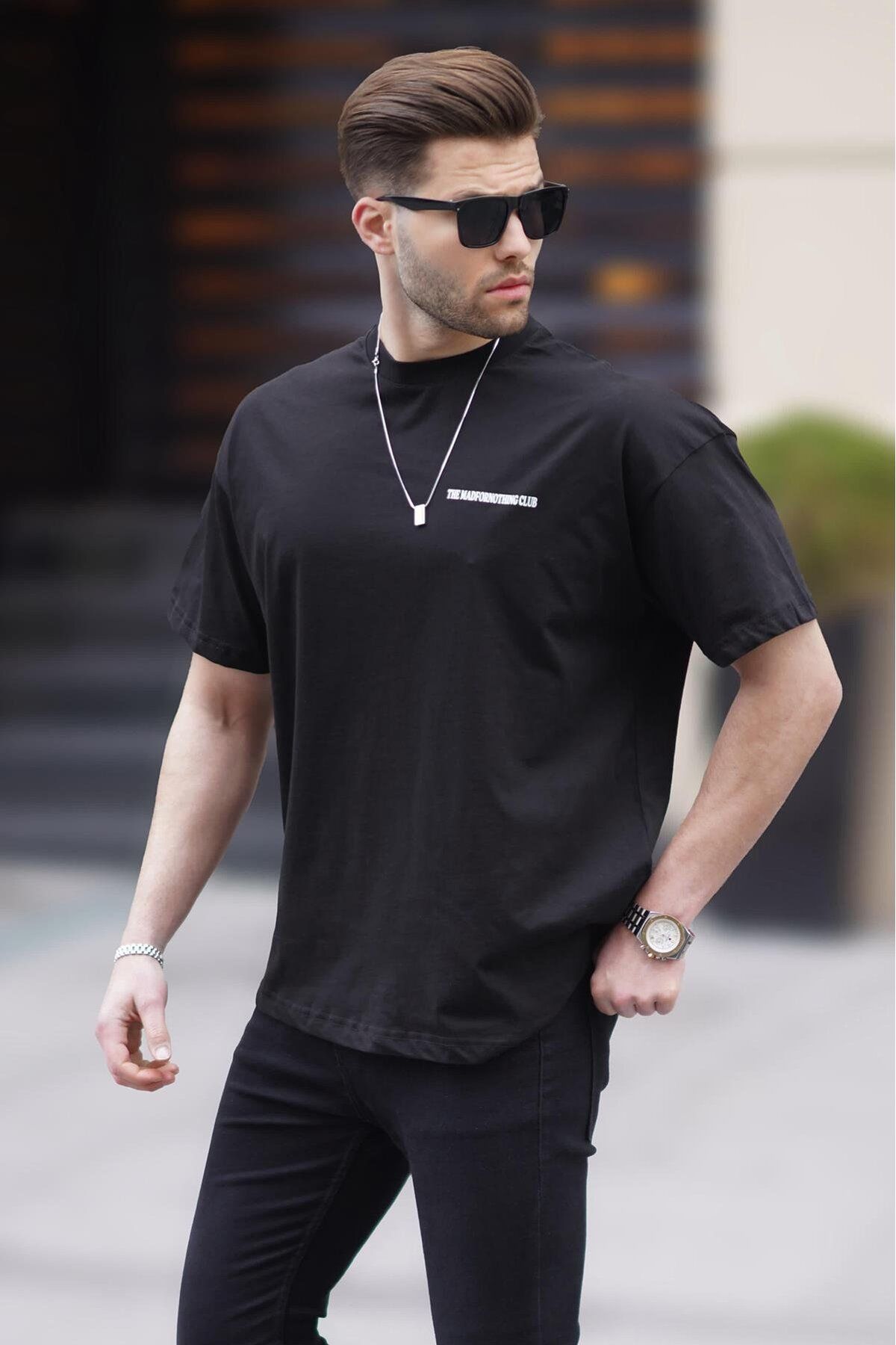Madmext-Schwarzes Oversize-T-Shirt mit Aufdruck für Herren 6192 2