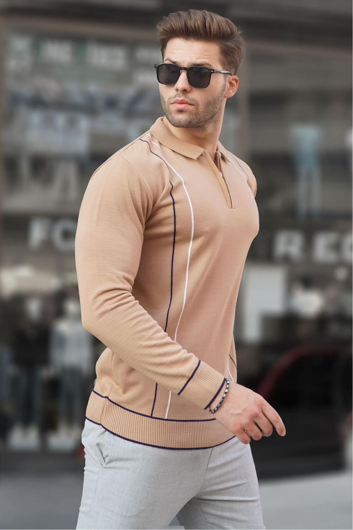 پلیور نود مردانه ژاکت بافتنی یقه پولو بیسکویت زیپ دار 6823 Madmext
