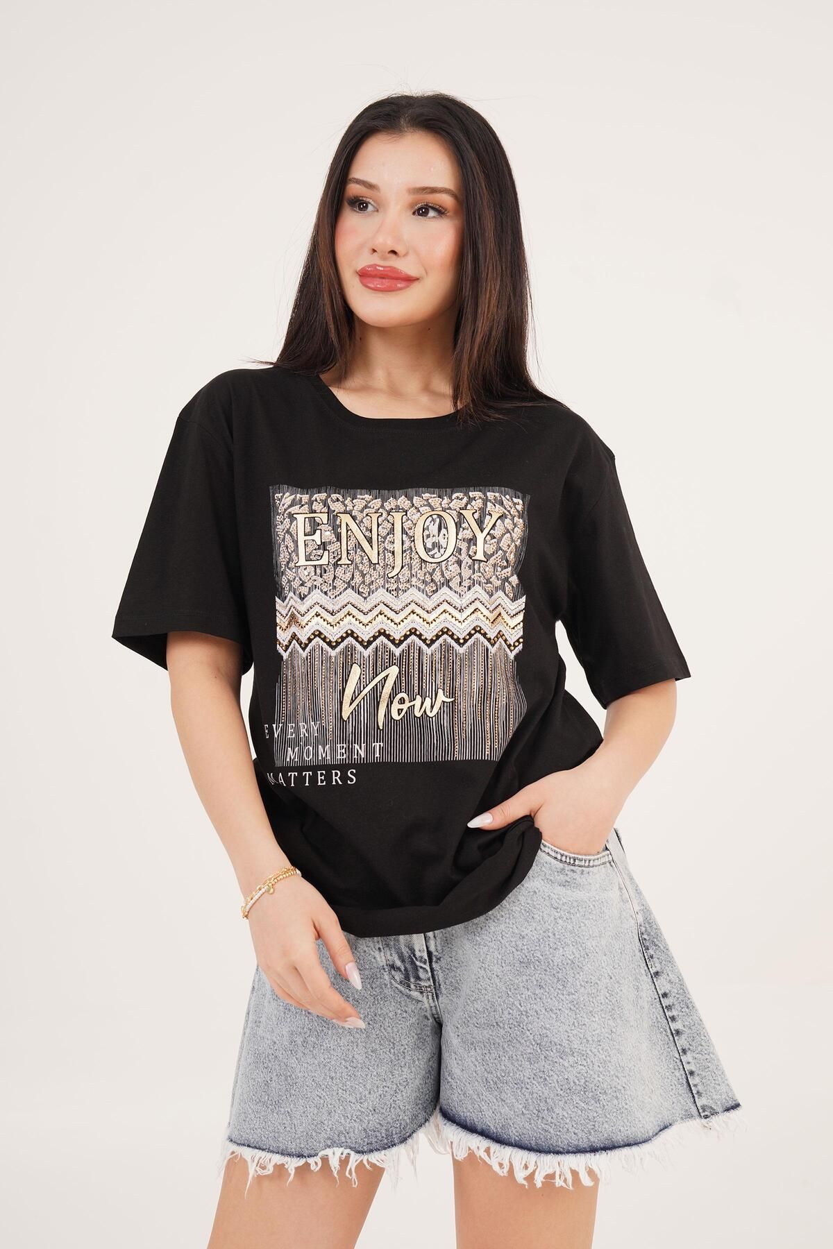 Hipo Trend-Enjoy Black T-Shirt with Printed Text and Stone Detail 4