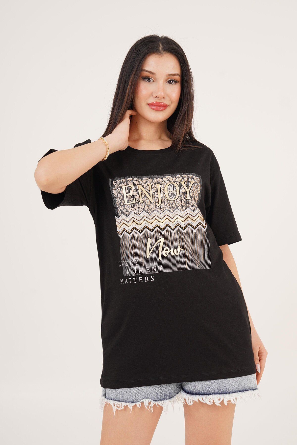 Hipo Trend-Enjoy Black T-Shirt with Printed Text and Stone Detail 1